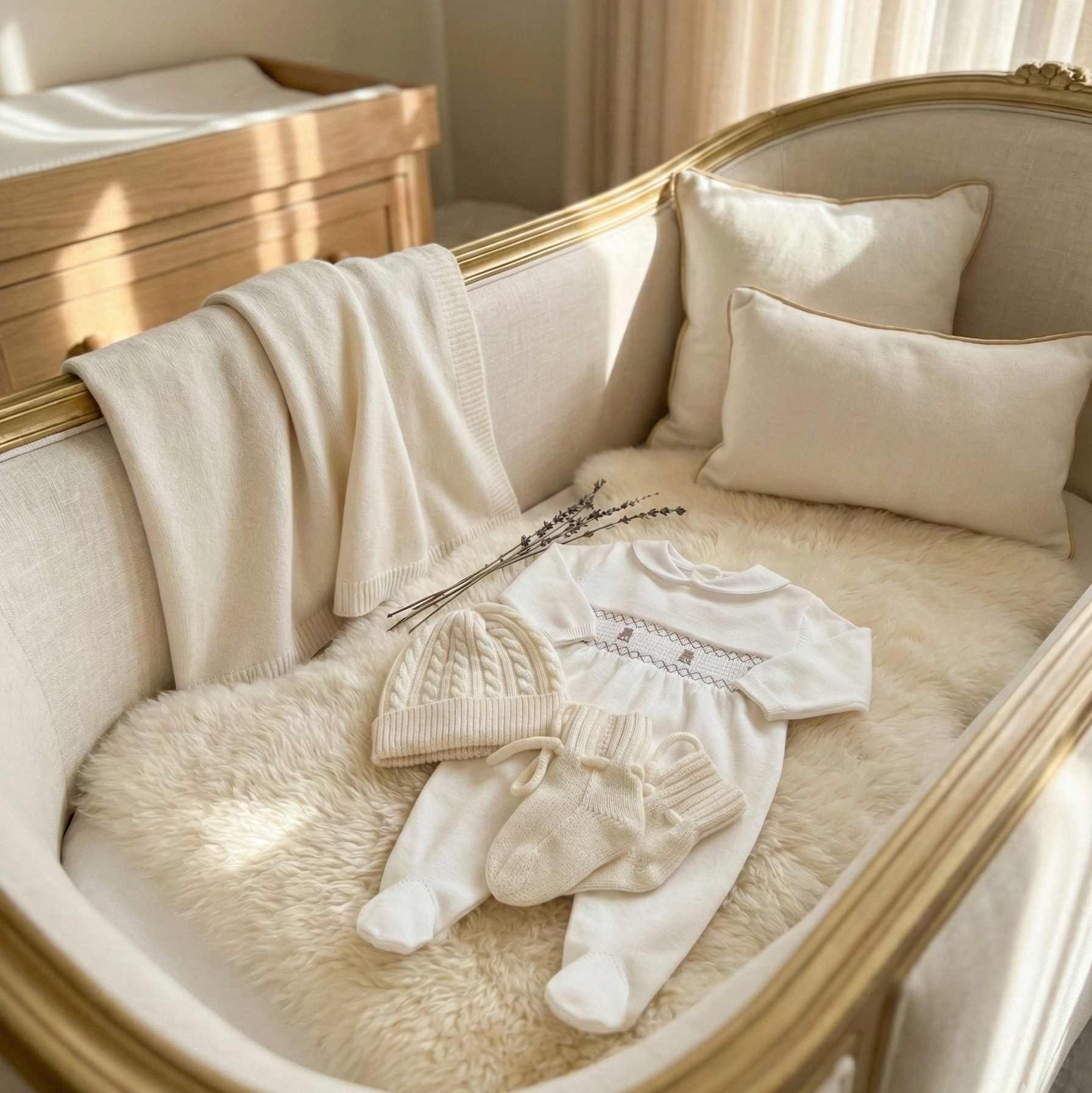 Baby outfit with hat, romper, and socks on a plush surface with soft lighting