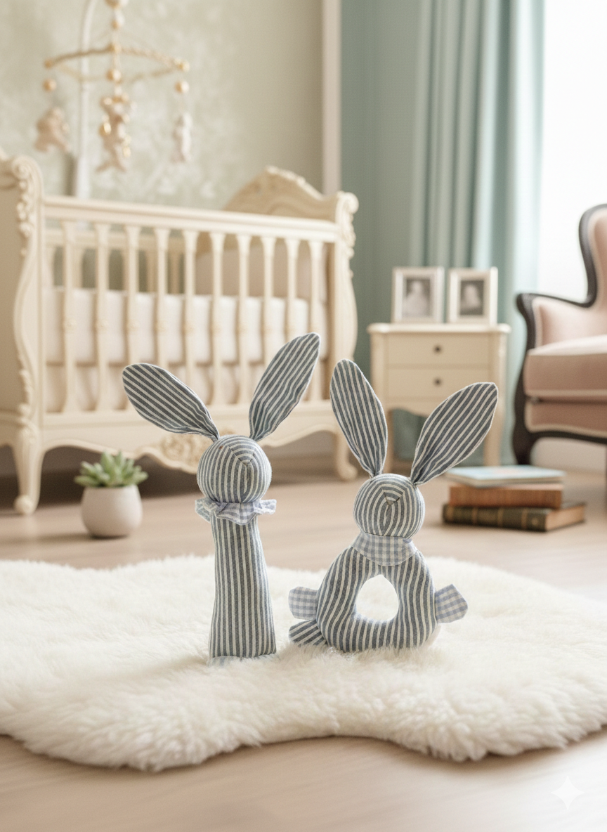 The Little One – Personalised Magnet Mouse Onesie & Blue Bunny Rattles