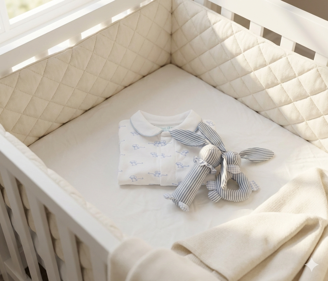 The Little One – Personalised Magnet Mouse Onesie & Blue Bunny Rattles