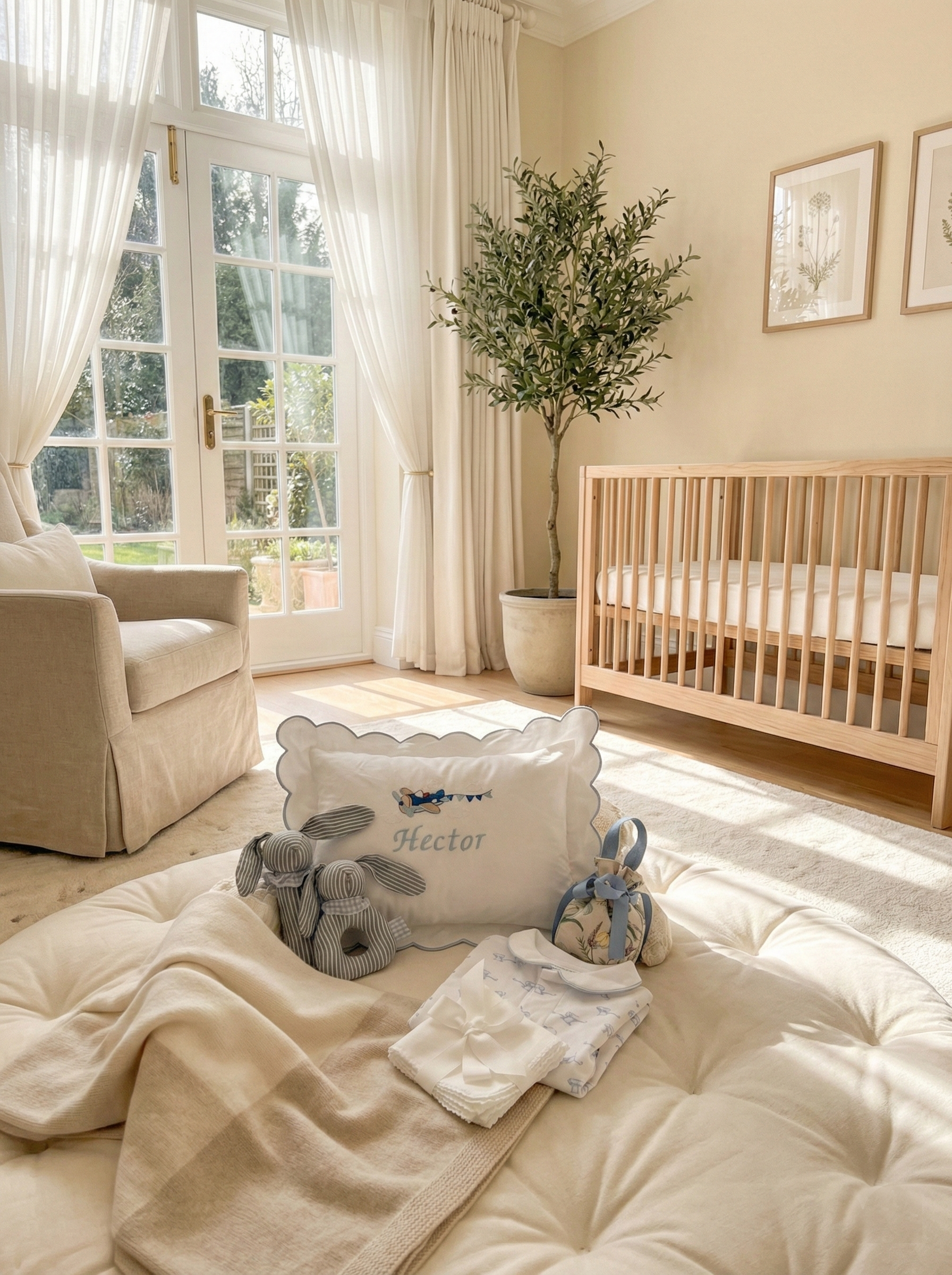 Nursery room with crib, rocking chair, and decorative items.