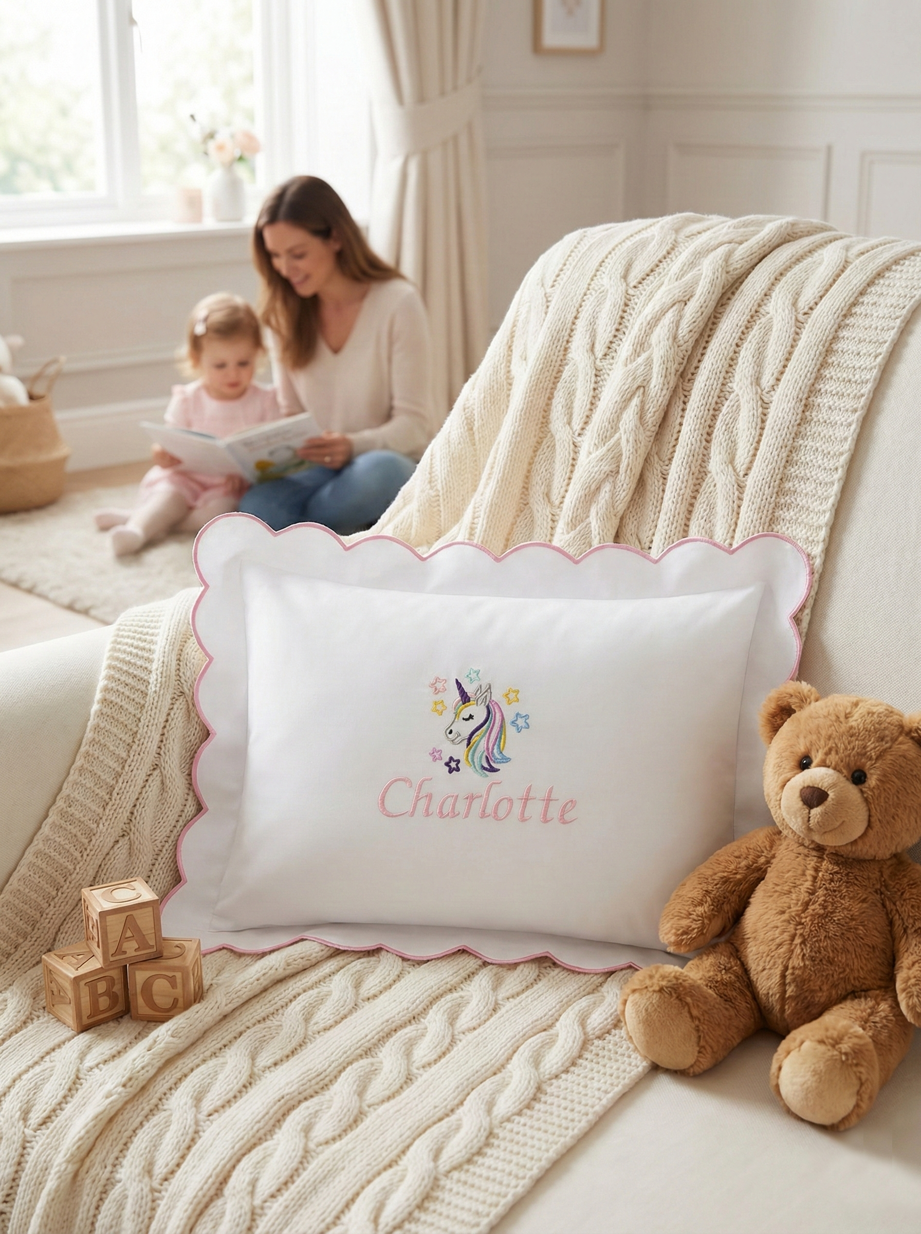 Woman reading to a child on a couch with a personalized pillow and teddy bear.