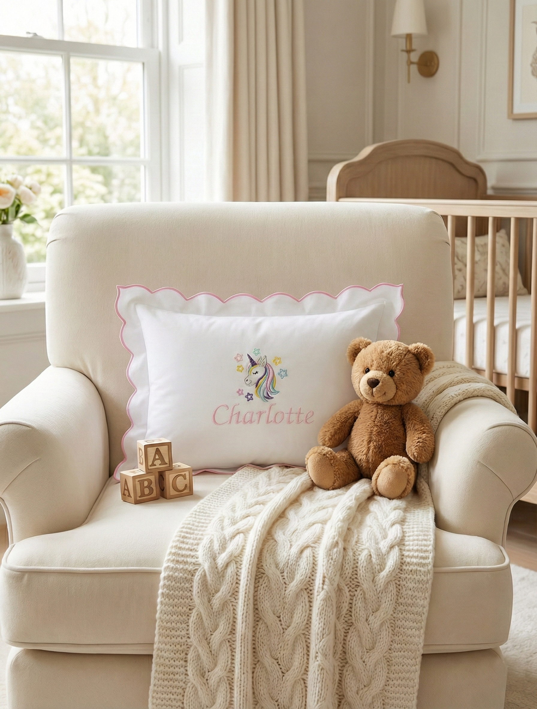 Nursery room with a chair, teddy bear, pillow, and baby blocks.