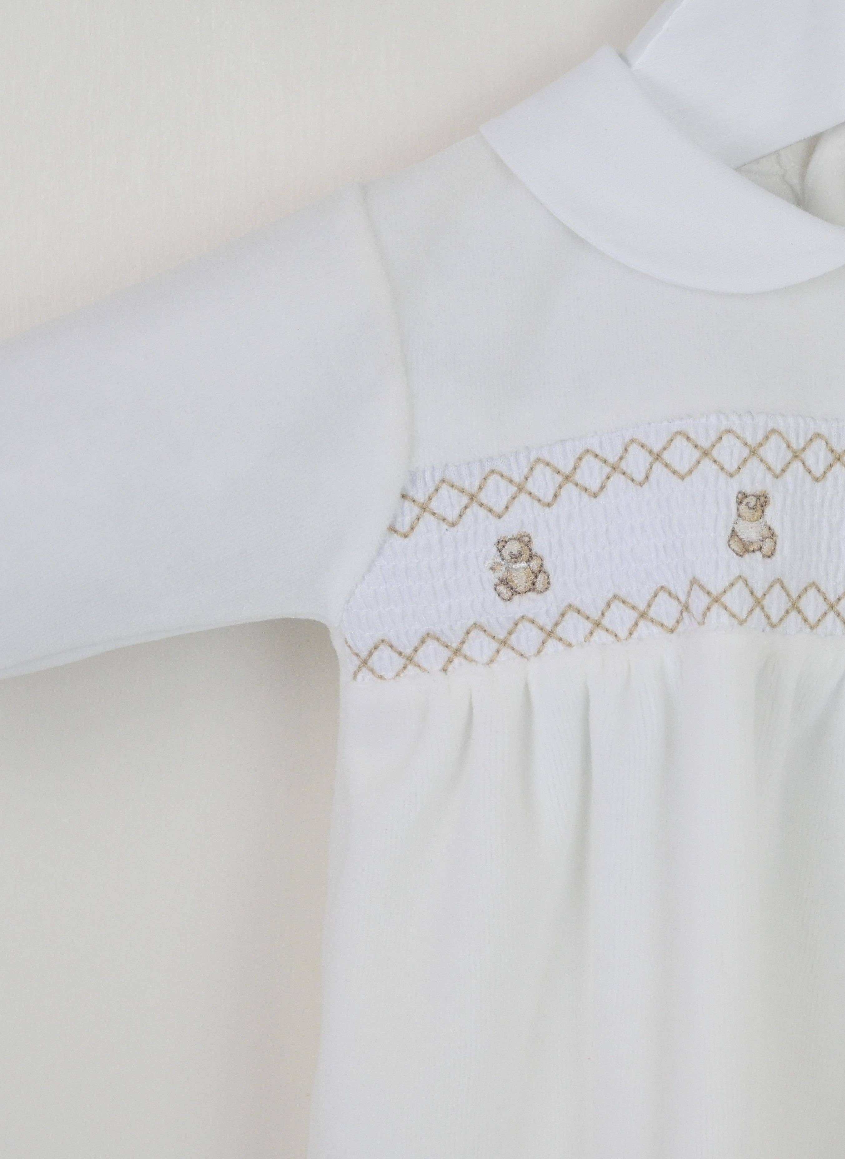 Teddy Smocked Baby Sleepsuit ivory newborn gift outfit