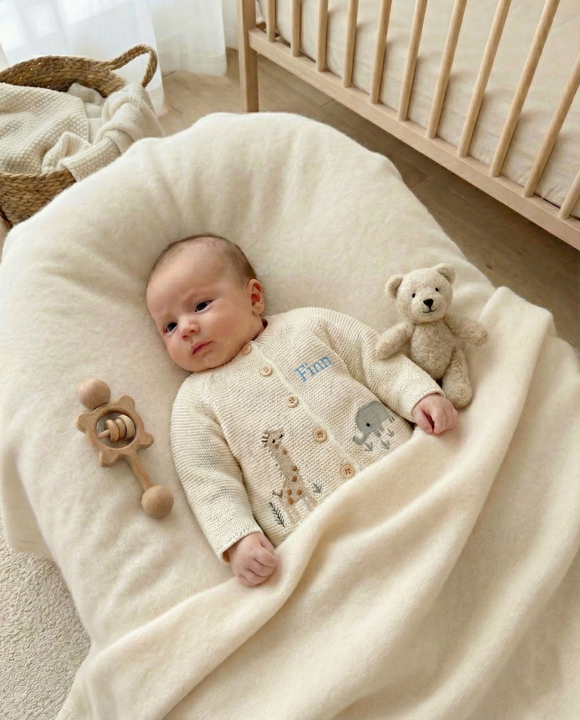 Luxury baby cardigan with personalised embroidery, soft knit newborn outfit