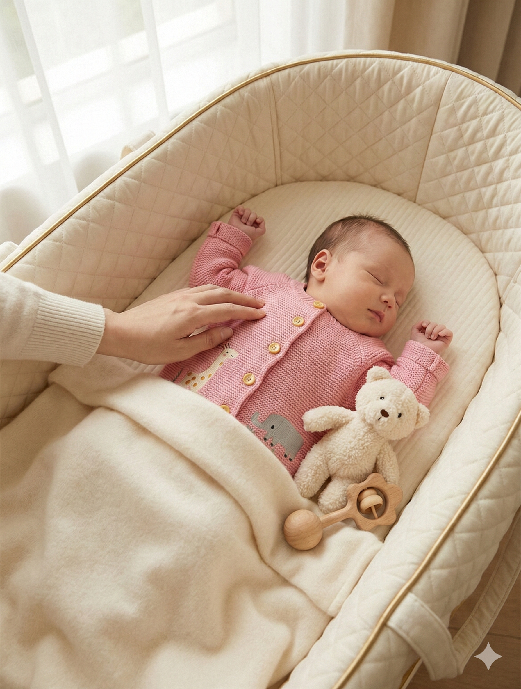 Newborn baby sleeping in a crib with a teddy bear and wooden rattle, hand touching the crib.
