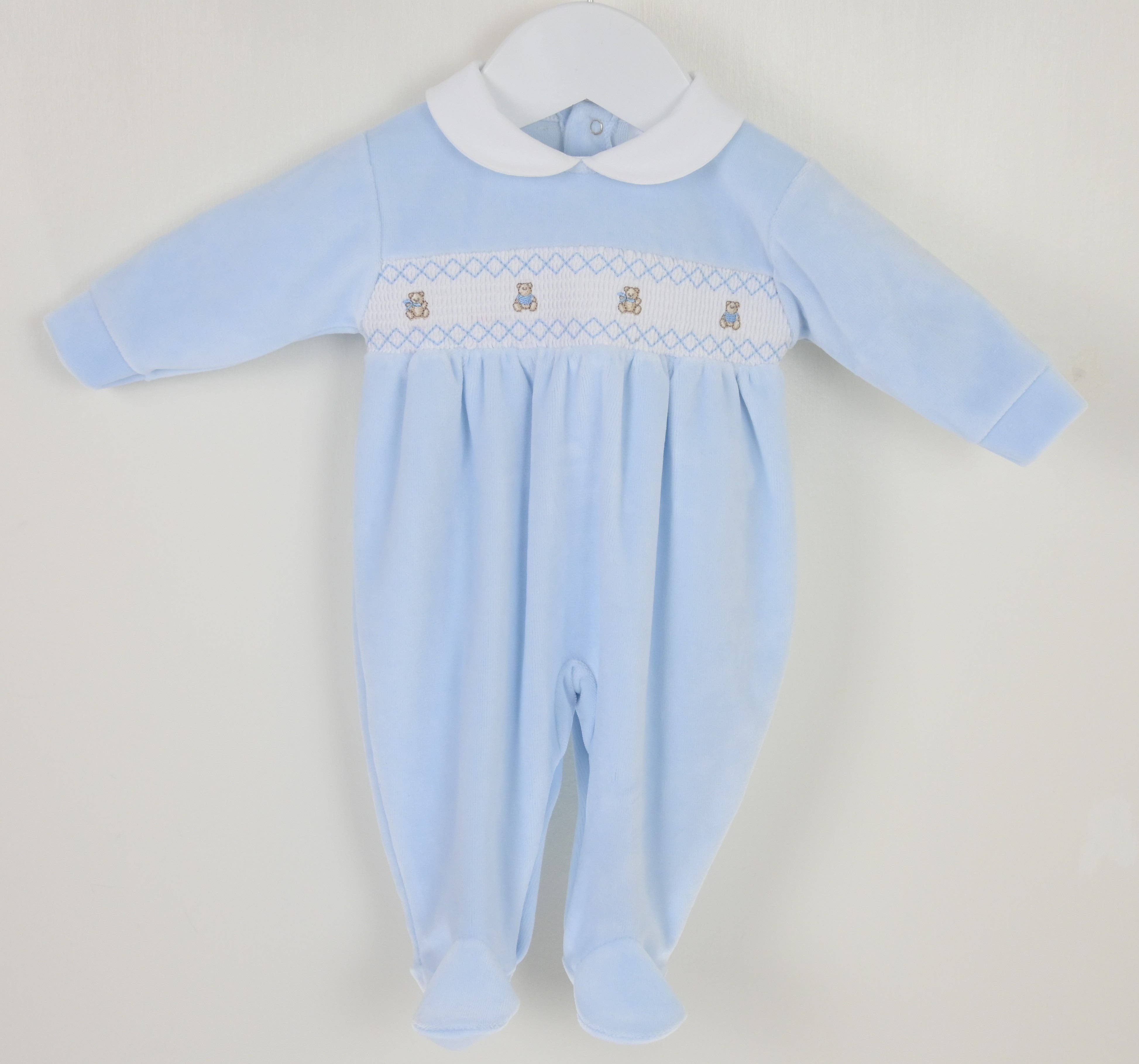 Teddy smocked baby sleepsuit blue newborn gift outfit UK