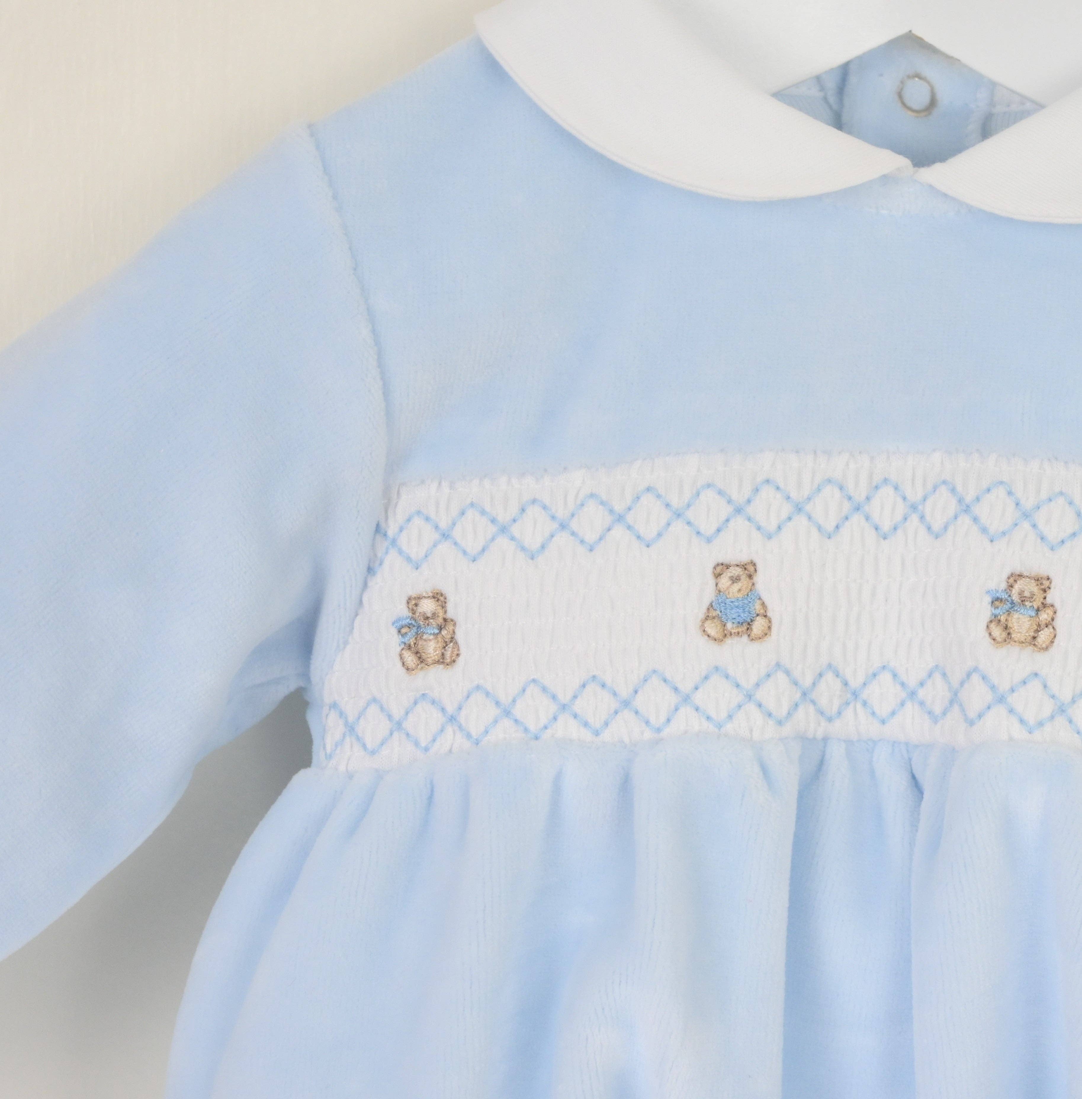 Teddy smocked baby sleepsuit blue newborn gift outfit UK