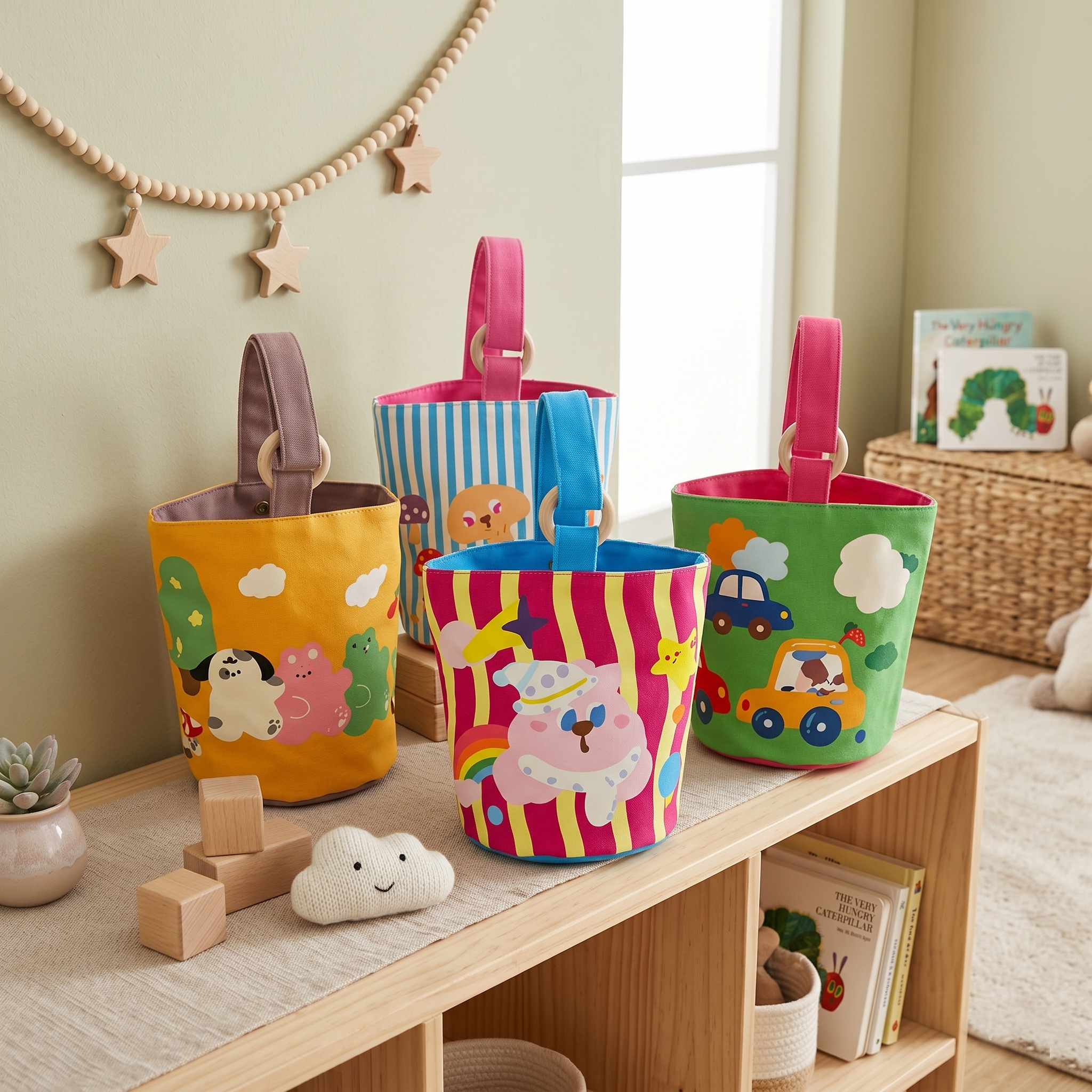 Colorful children's storage buckets on a wooden shelf with toys and books in a room.