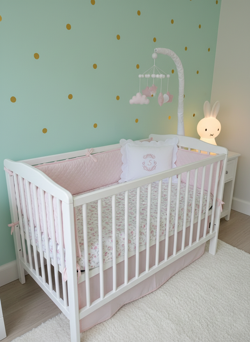 Personalised pink S monogram scalloped baby pillow in a white cot with pink floral bedding