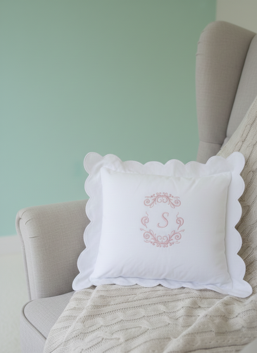 Personalised S monogram scalloped baby pillow with pink embroidery