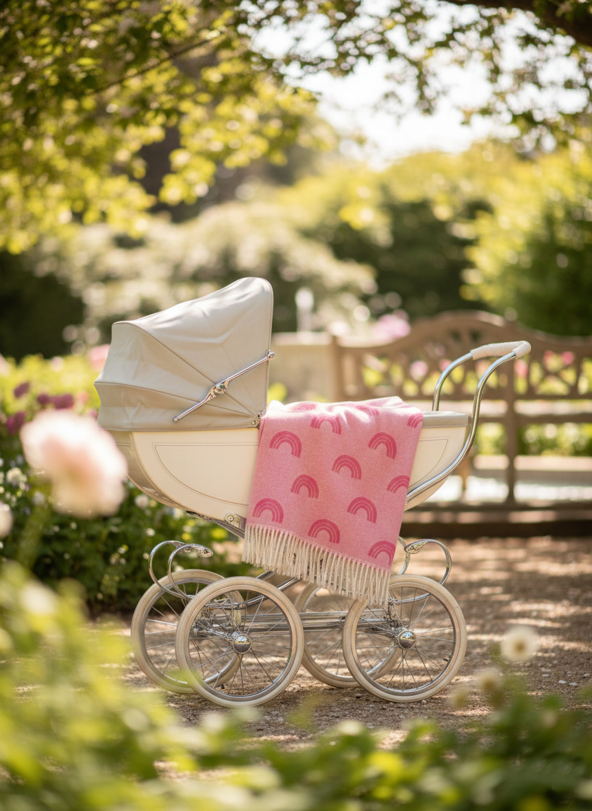 Pink rainbow wool baby blanket draped over a vintage white coach-built pram in an English country garden