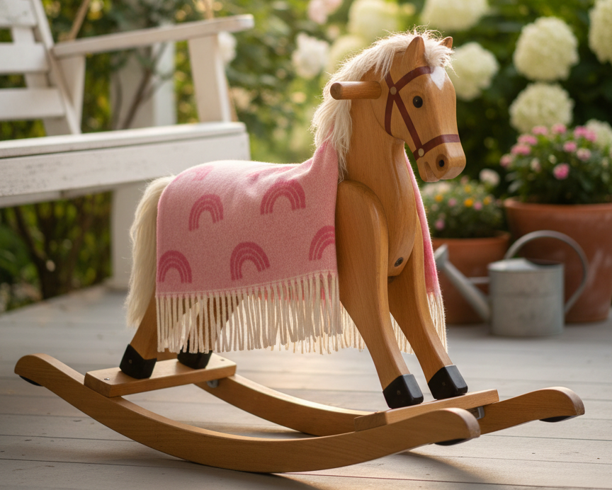 Pink rainbow wool baby blanket on a traditional wooden rocking horse in a sunlit English garden