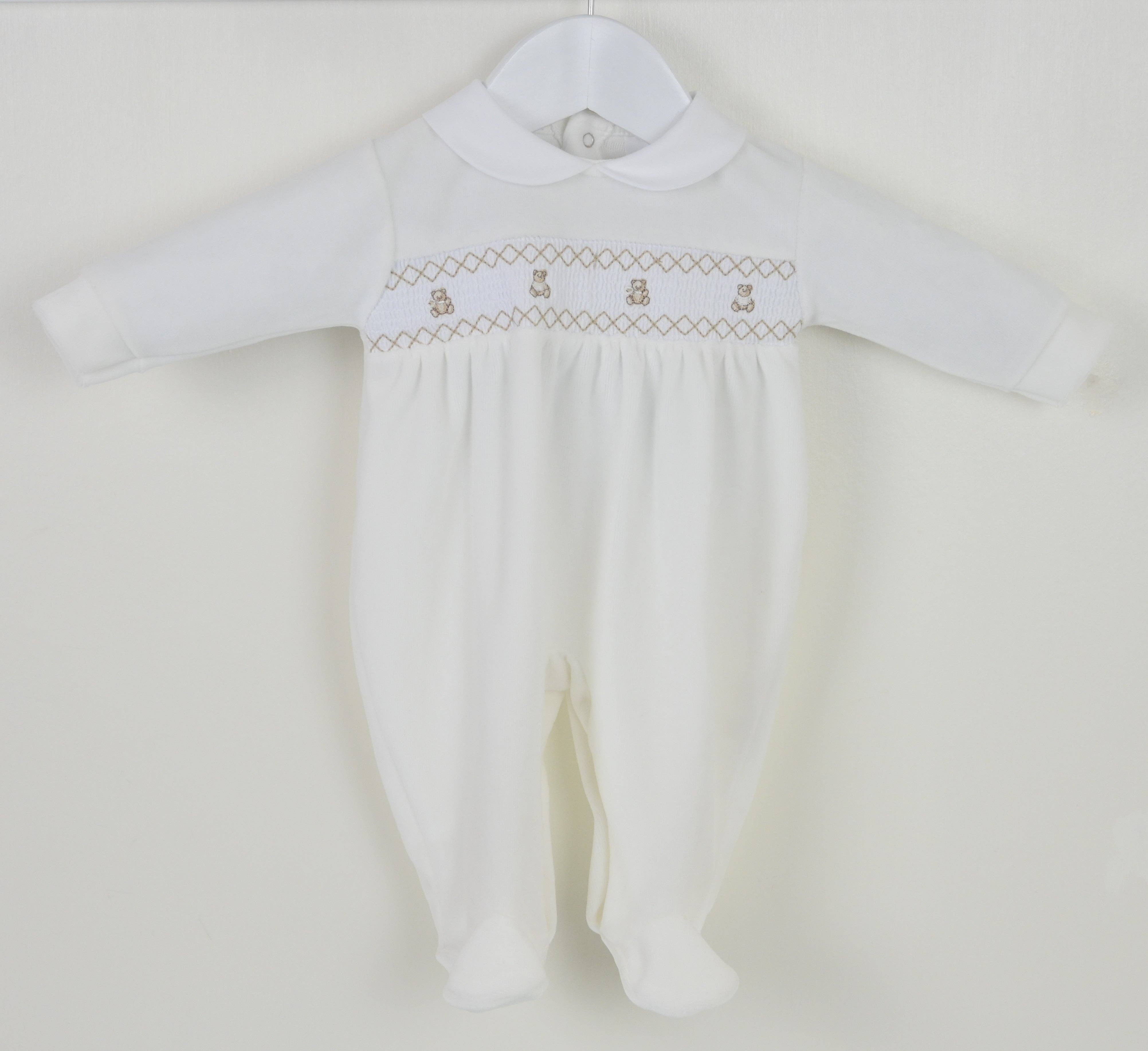 Teddy Smocked Baby Sleepsuit ivory newborn gift outfit