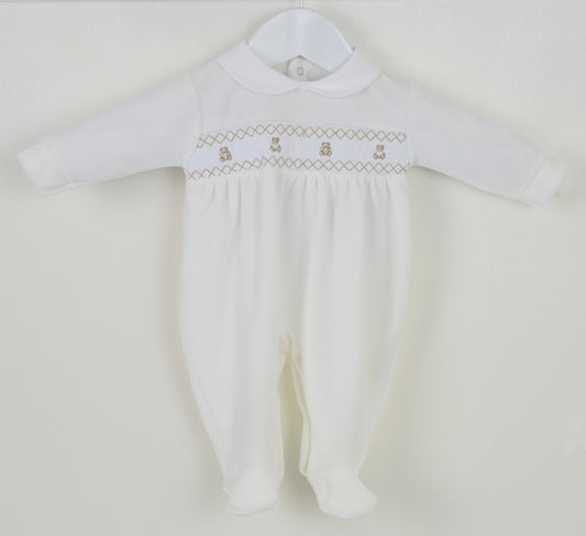 Teddy Smocked Baby Sleepsuit ivory newborn gift outfit