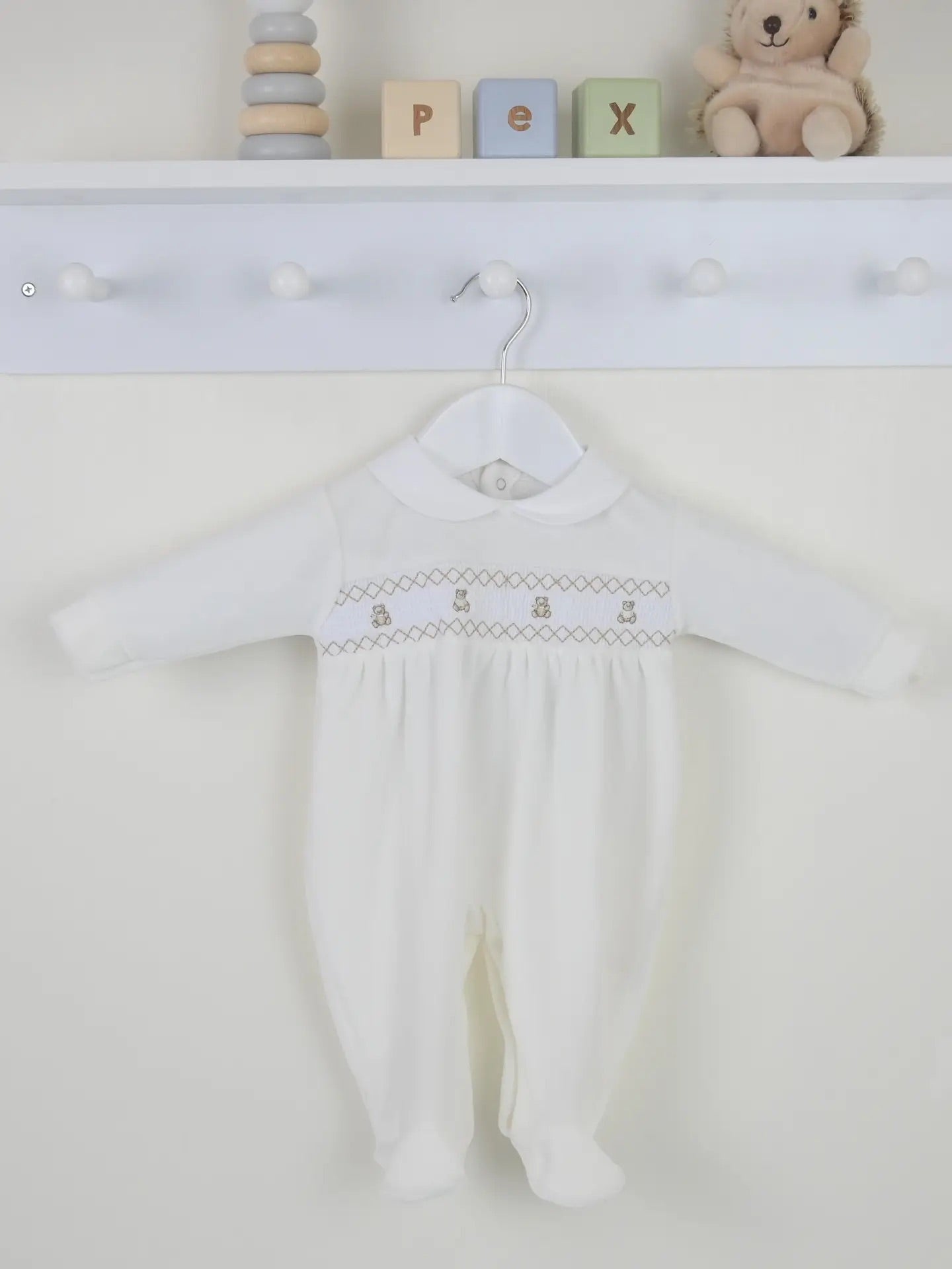Luxury Mummy & Baby Gift Box – Wooden Rattle, Smocked Onesie & Rose Lavender Soak