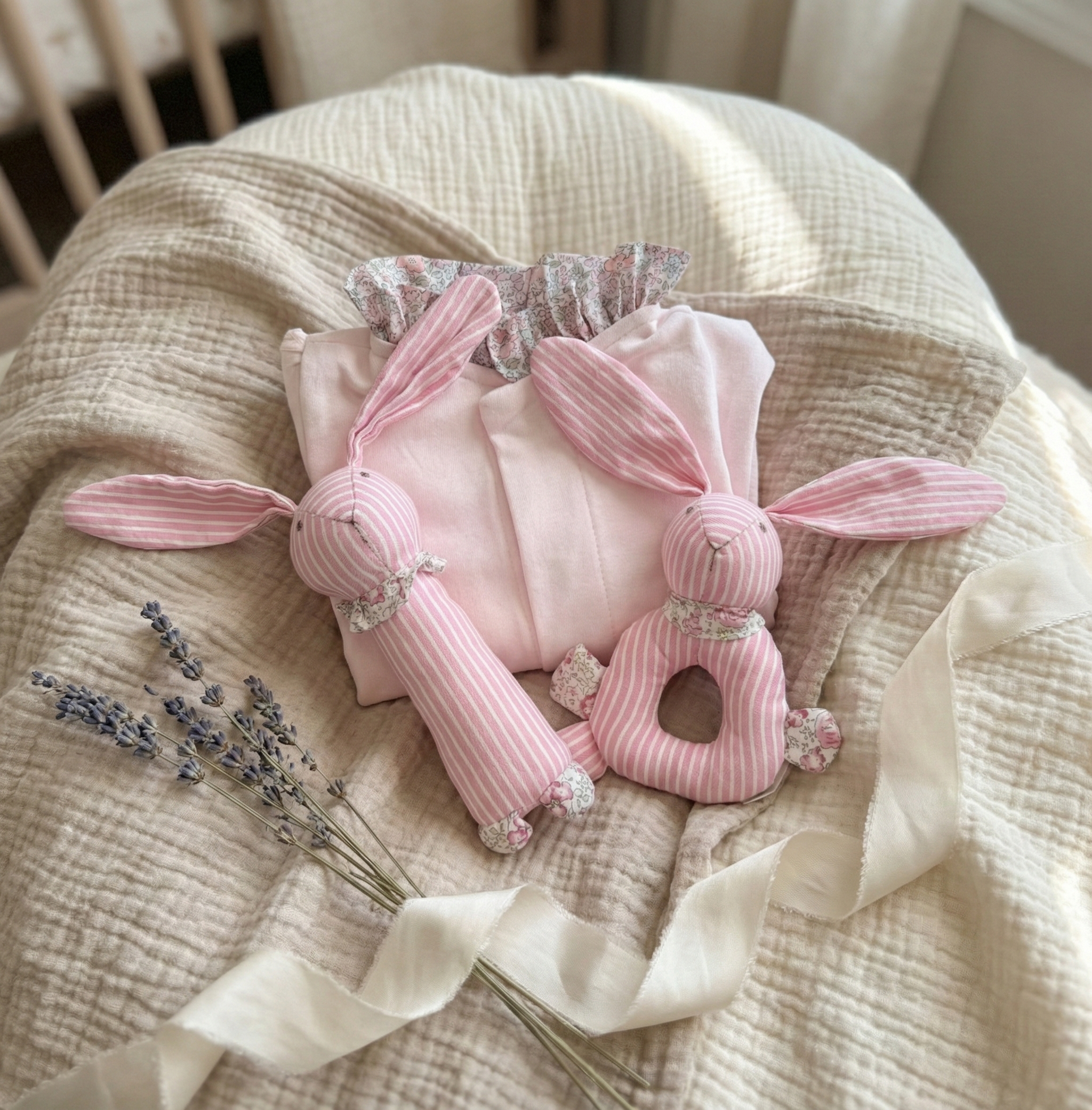 The Little One - Personalised Magnet Mouse Onesie & Pink Bunny Rattles