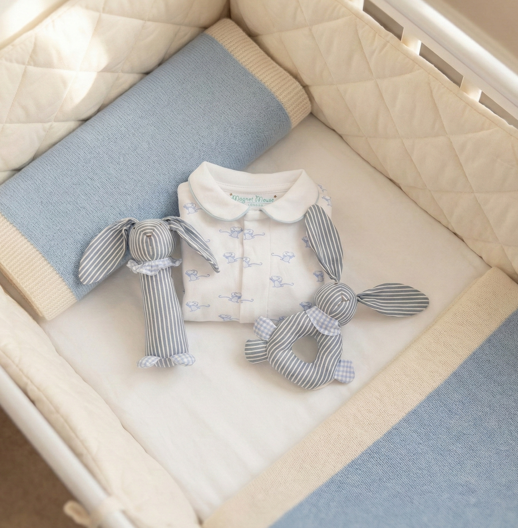 The Little One – Personalised Magnet Mouse Onesie & Blue Bunny Rattles