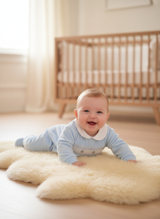 🧸 Teddy Smocked Sleepsuit – Blue