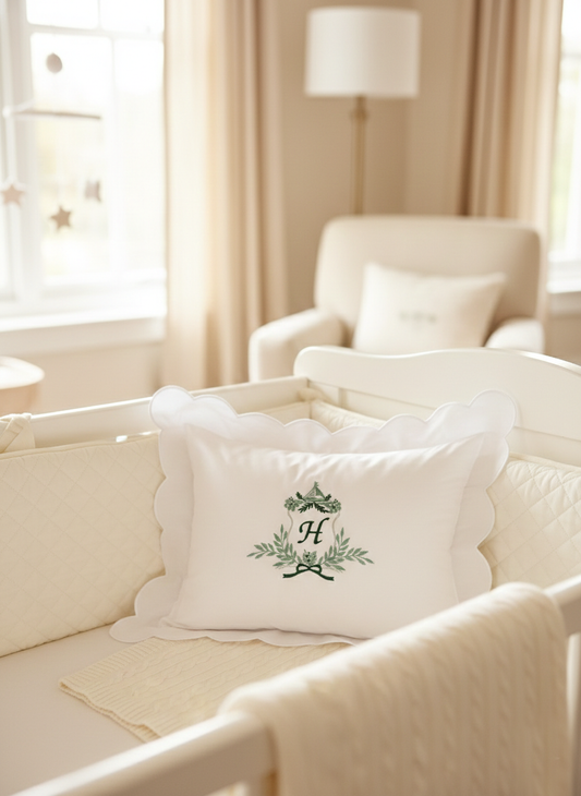 Personalised Cotton Baby Pillowcase – Scalloped Monogram Nursery Cushion Cover