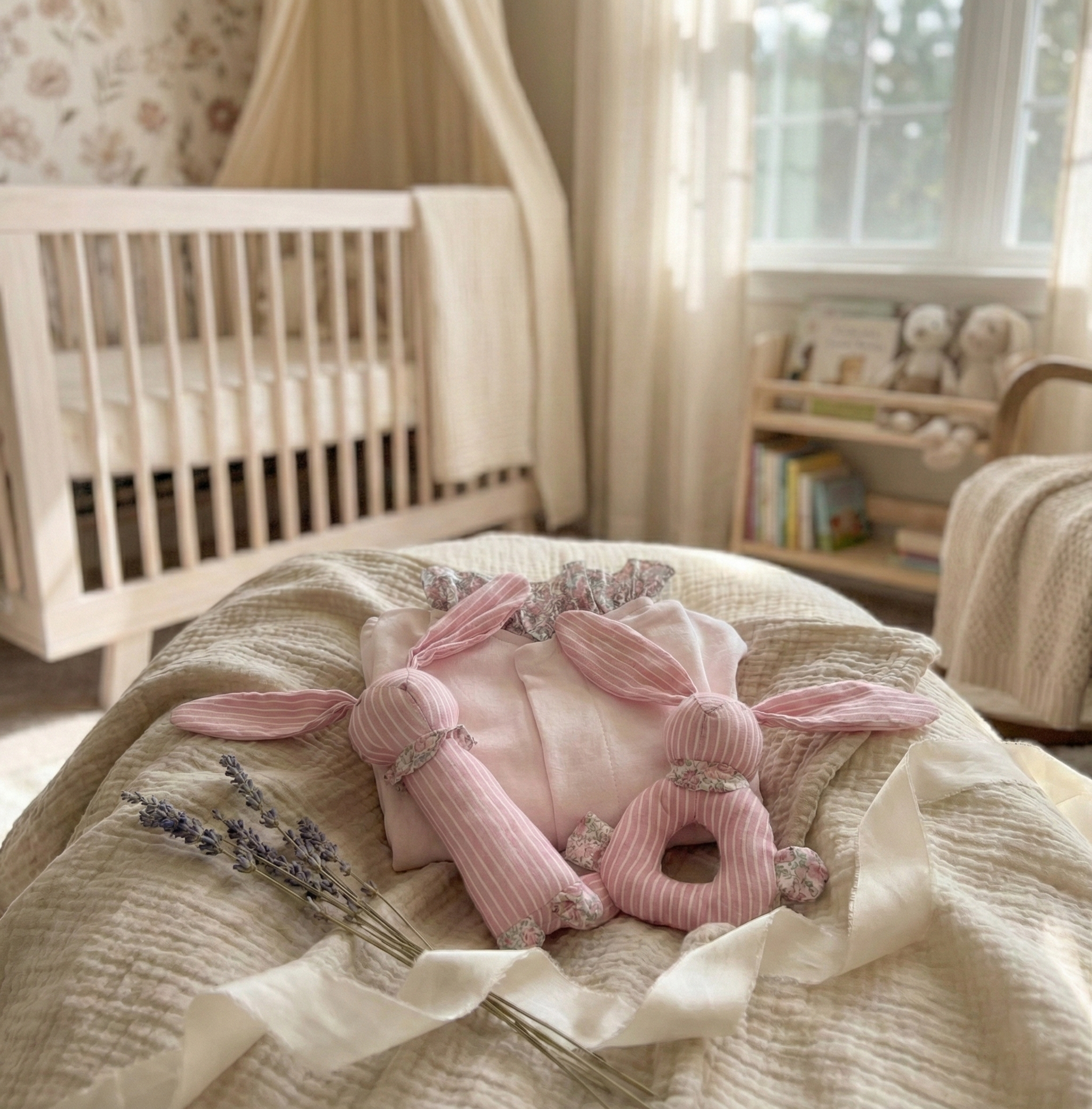 The Little One - Personalised Magnet Mouse Onesie & Pink Bunny Rattles