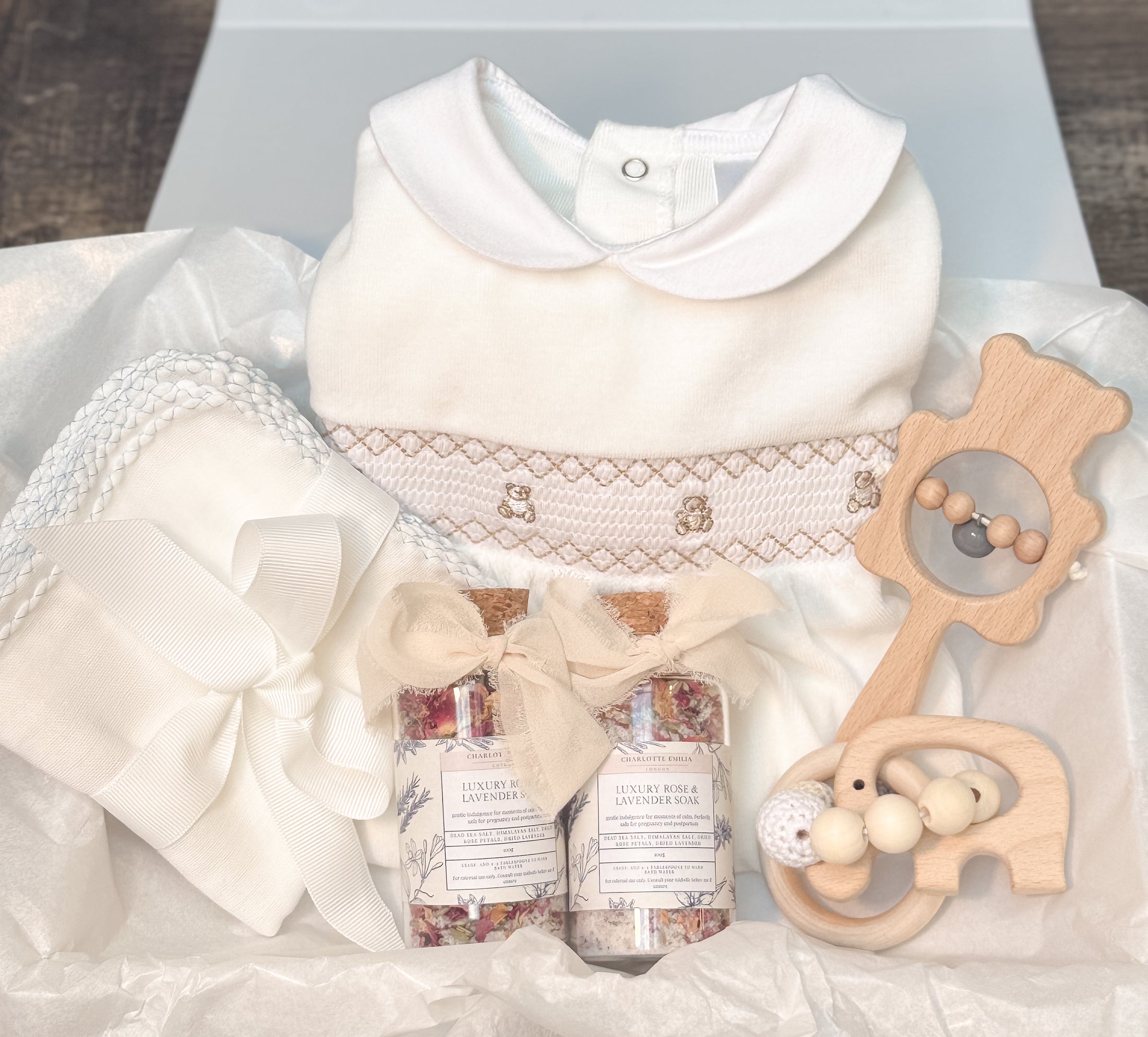 Luxury Mummy & Baby Gift Box – Wooden Rattle, Smocked Onesie & Rose Lavender Soak