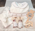 Load image into Gallery viewer, Luxury Mummy & Baby Gift Box – Wooden Rattle, Smocked Onesie & Rose Lavender Soak
