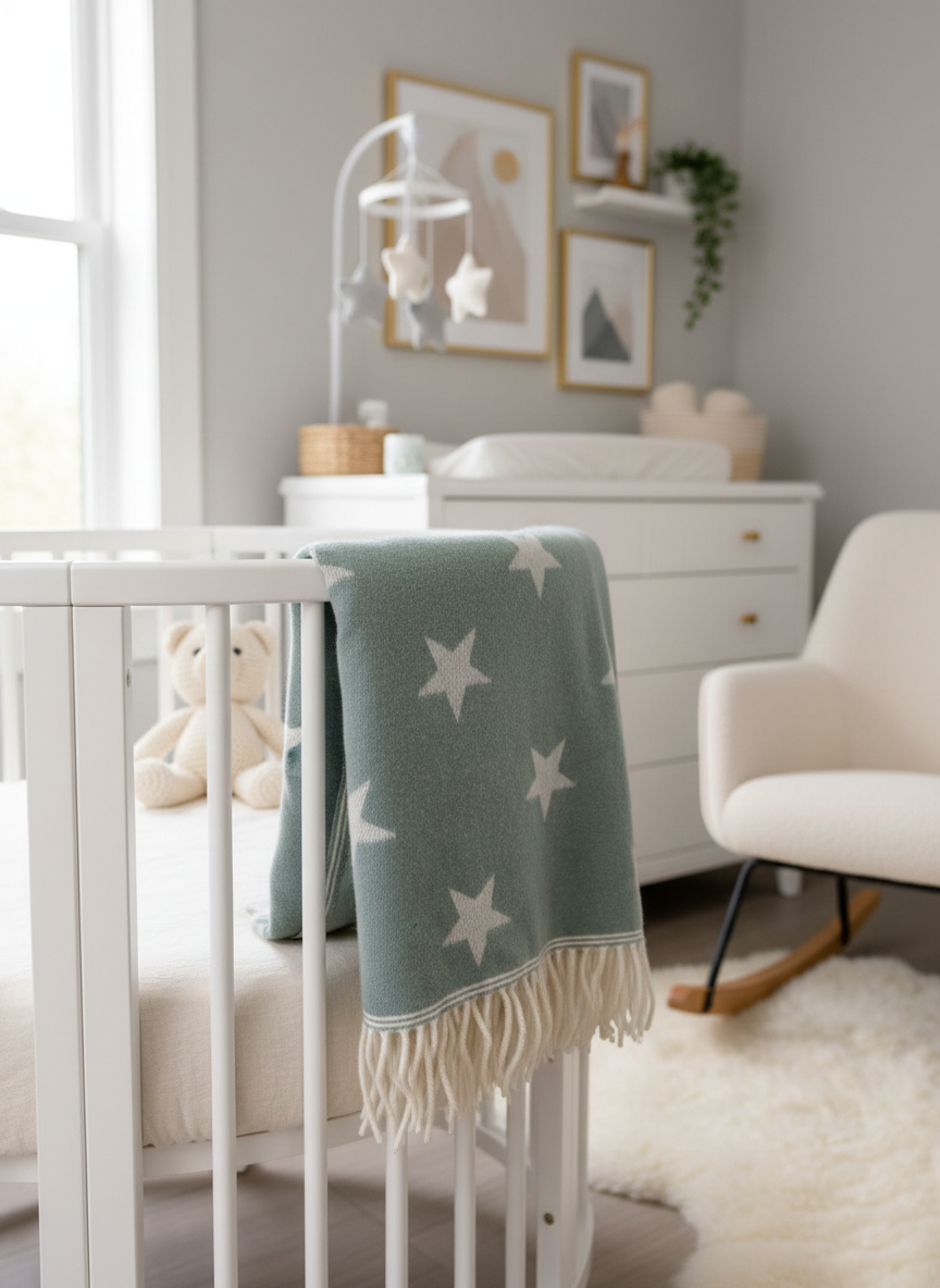 Nursery room with a crib, Green Merino wool personalised baby blanket with embroidered name or initials star-patterned blanket, and changing table.