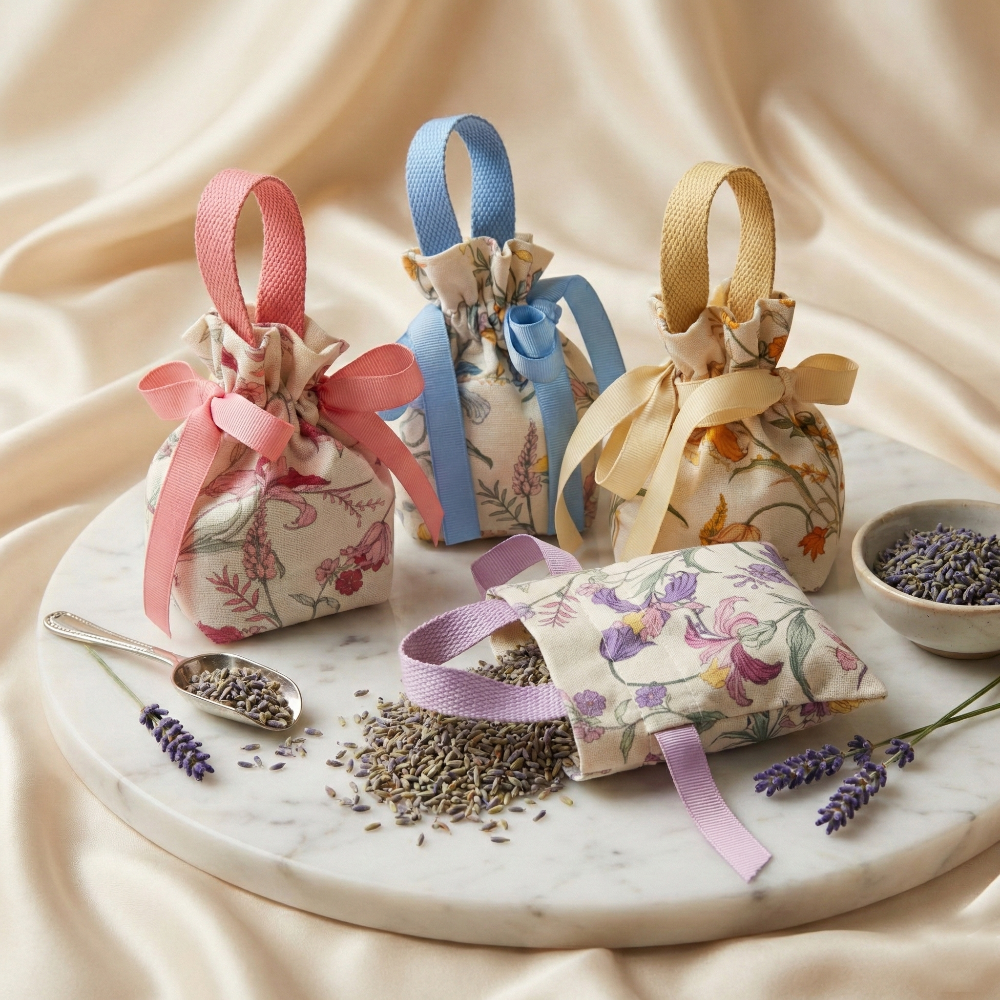 Decorative bags with floral patterns and ribbons on a marble surface with lavender.