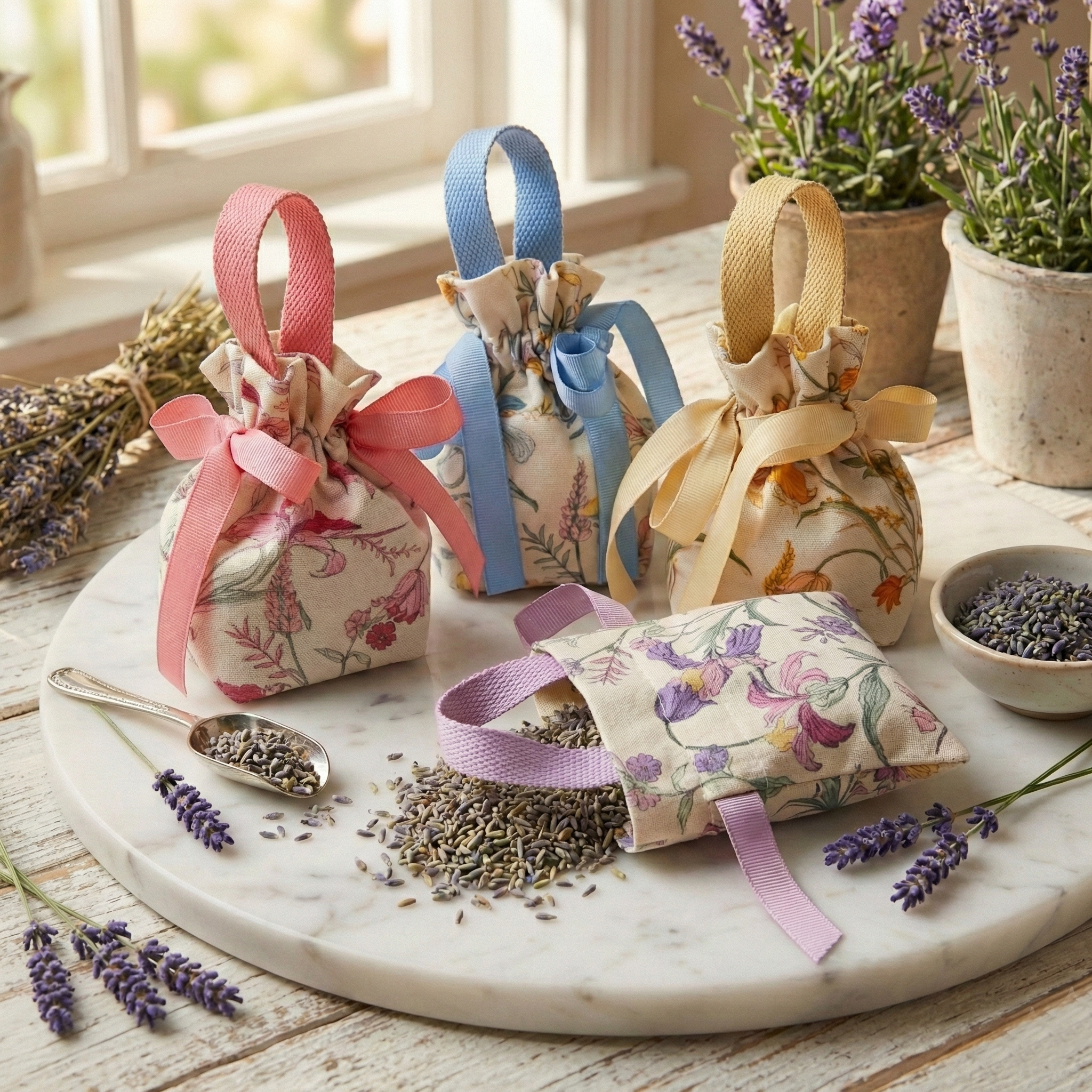 Decorative bags with ribbons on a marble surface with lavender and a plant in the background.