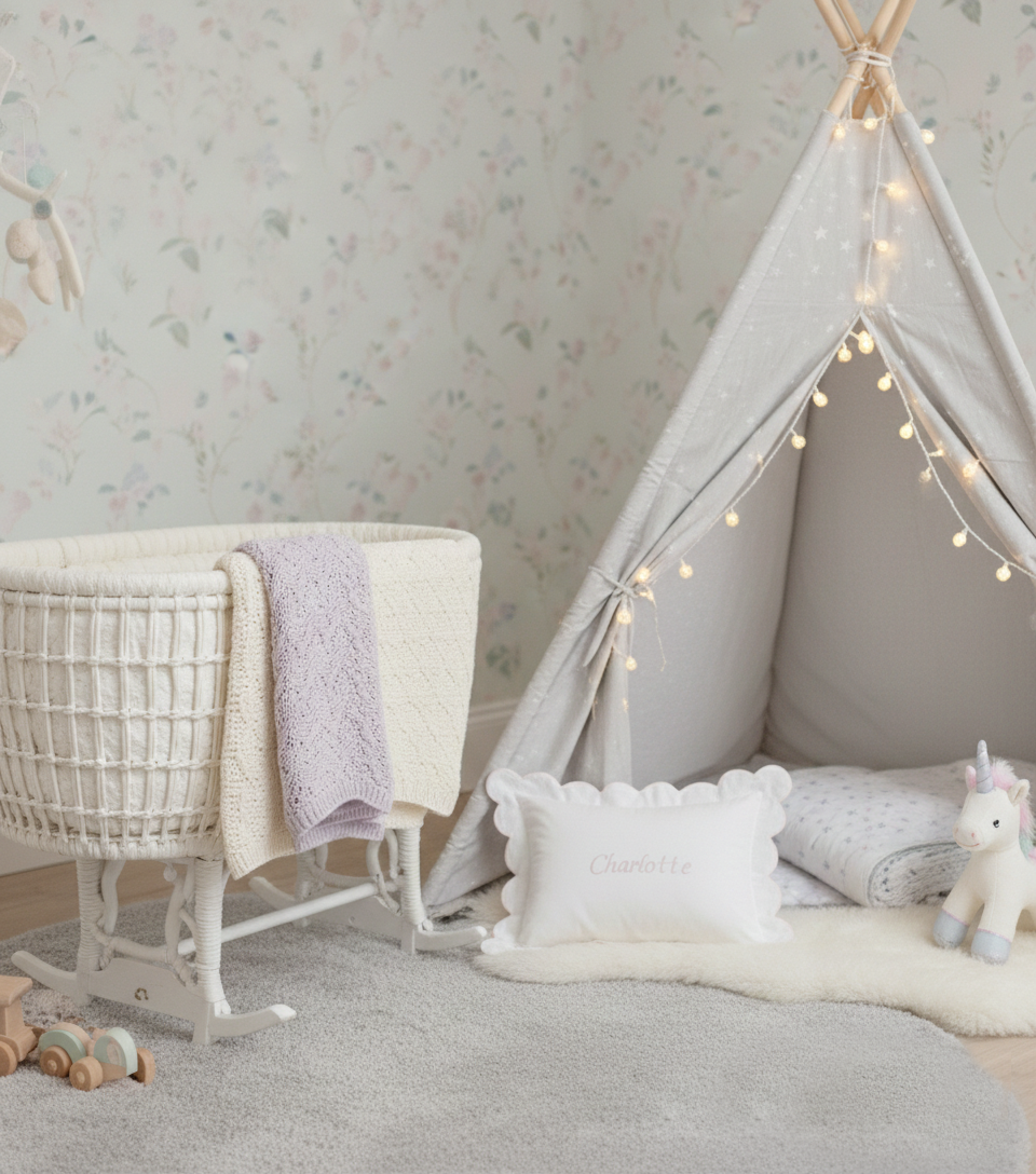 Nursery room with a crib, teepee, and toys against a floral wallpaper background. Personalised baby pillowcase with embroidered name in soft cotton, luxury newborn keepsake gift UK