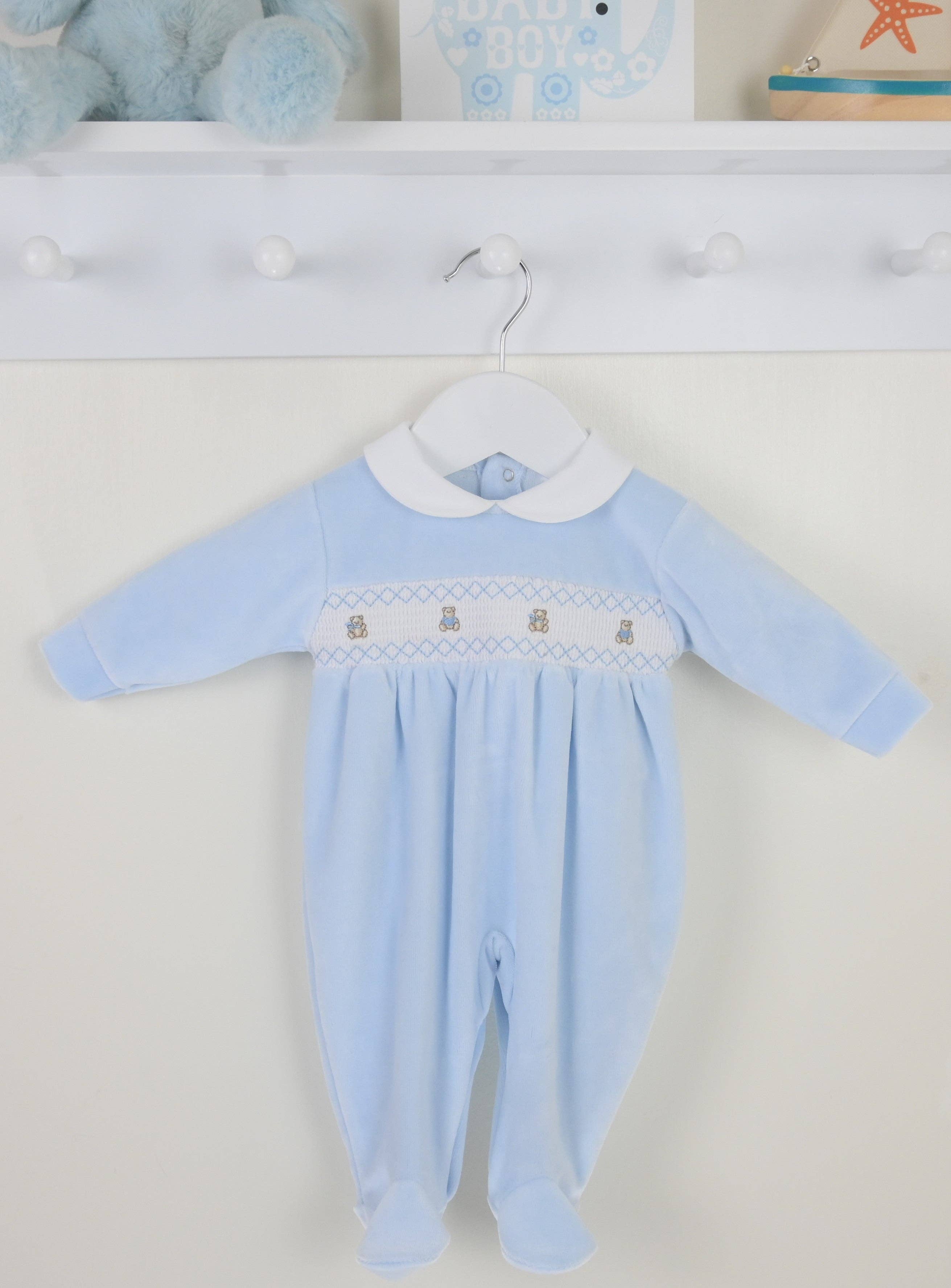 Teddy smocked baby sleepsuit blue newborn gift outfit UK