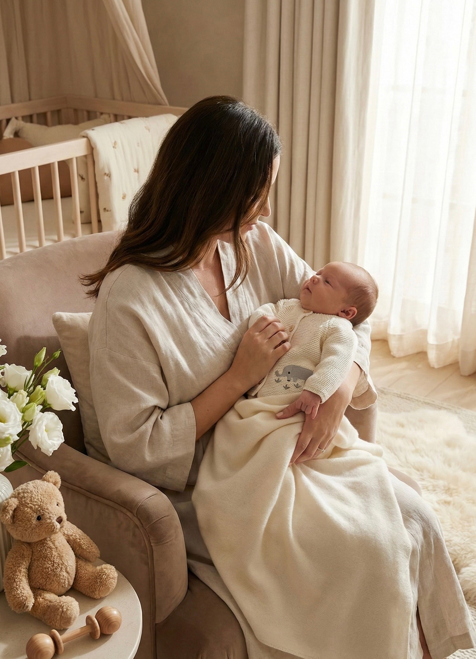 Woman holding a baby in a cozy nursery with a crib and teddy bear.