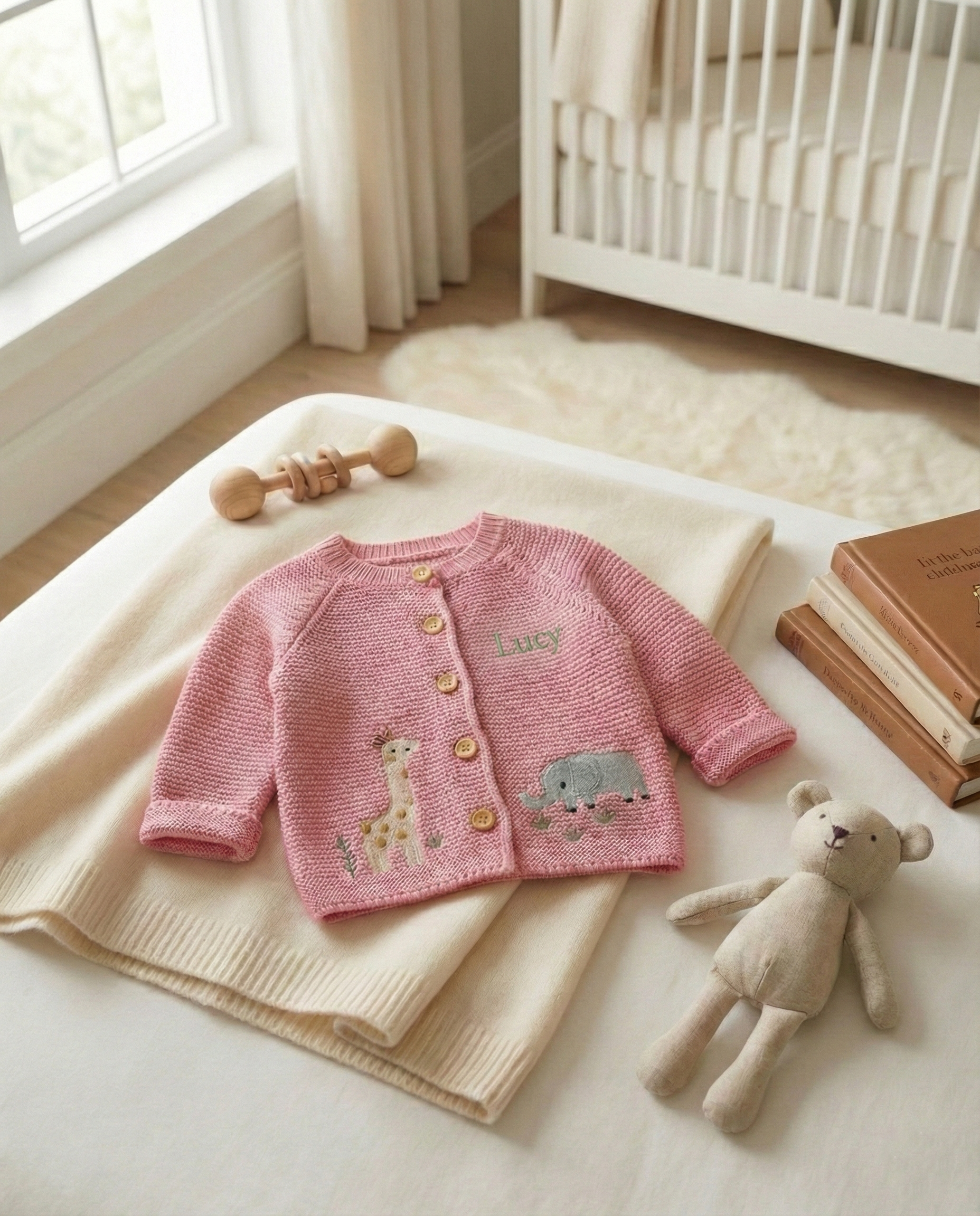 Pink baby cardigan with animal appliqués on a white blanket in a nursery.