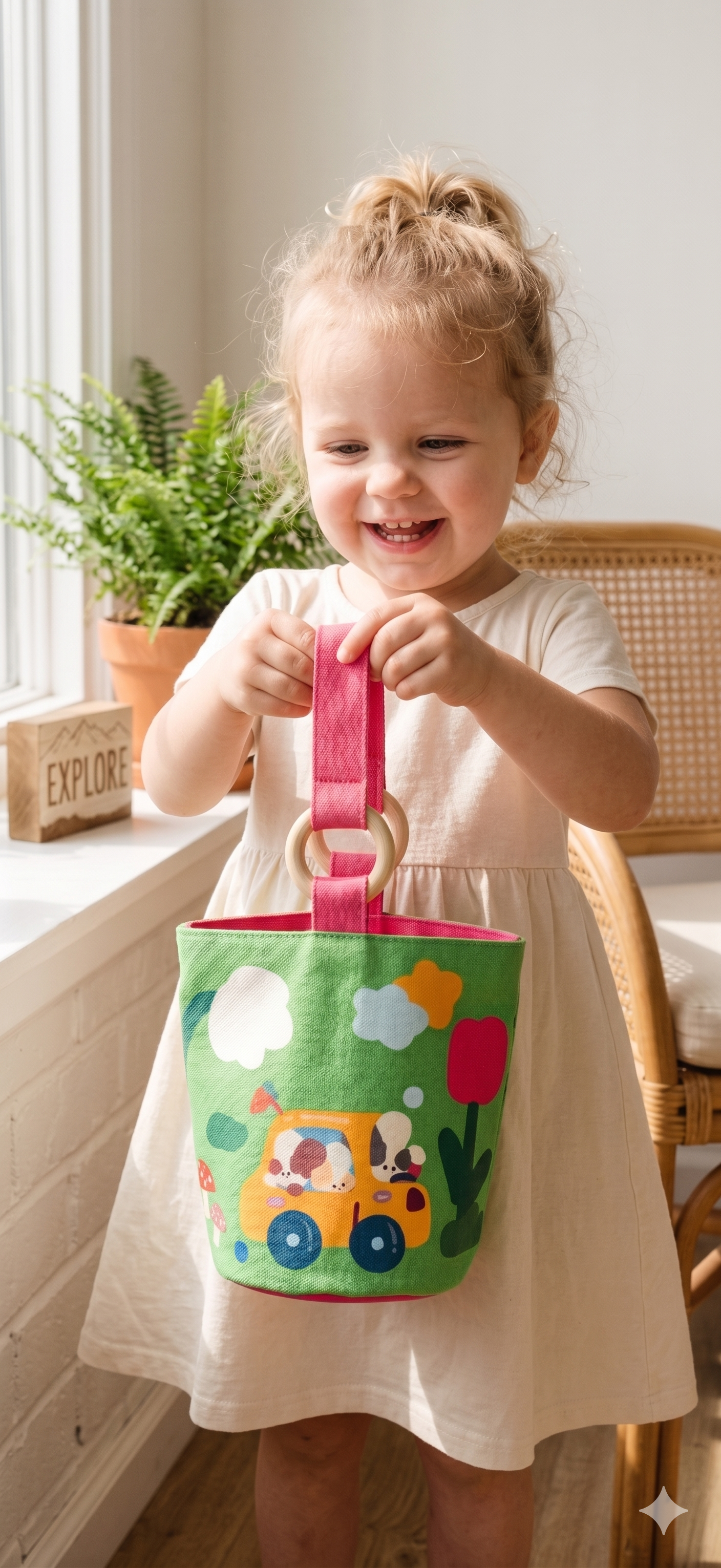 Child holding a colorful toy bag with cartoon characters in a home setting.