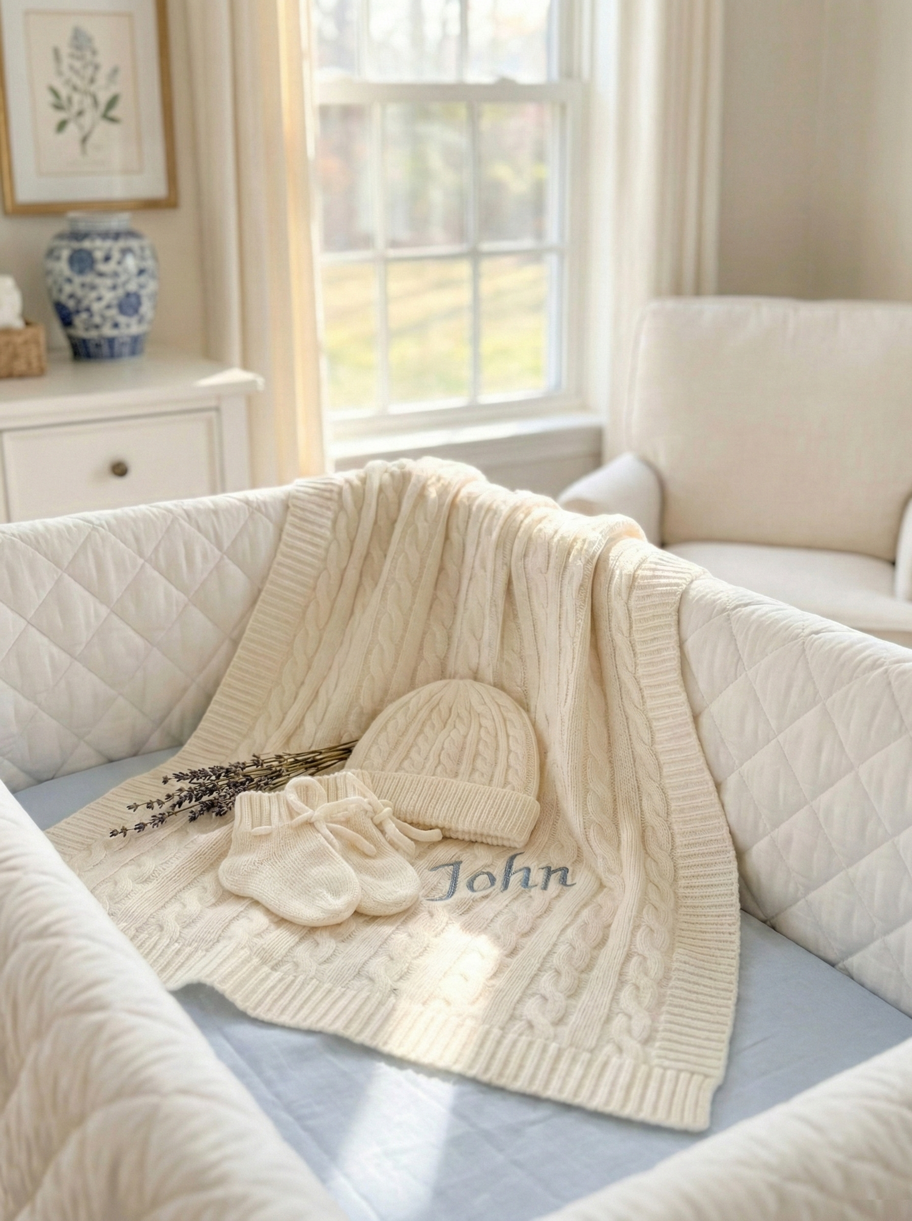 Luxury personalised baby gift box UK with cashmere blanket and embroidered keepsake items, perfect newborn and baby shower gift