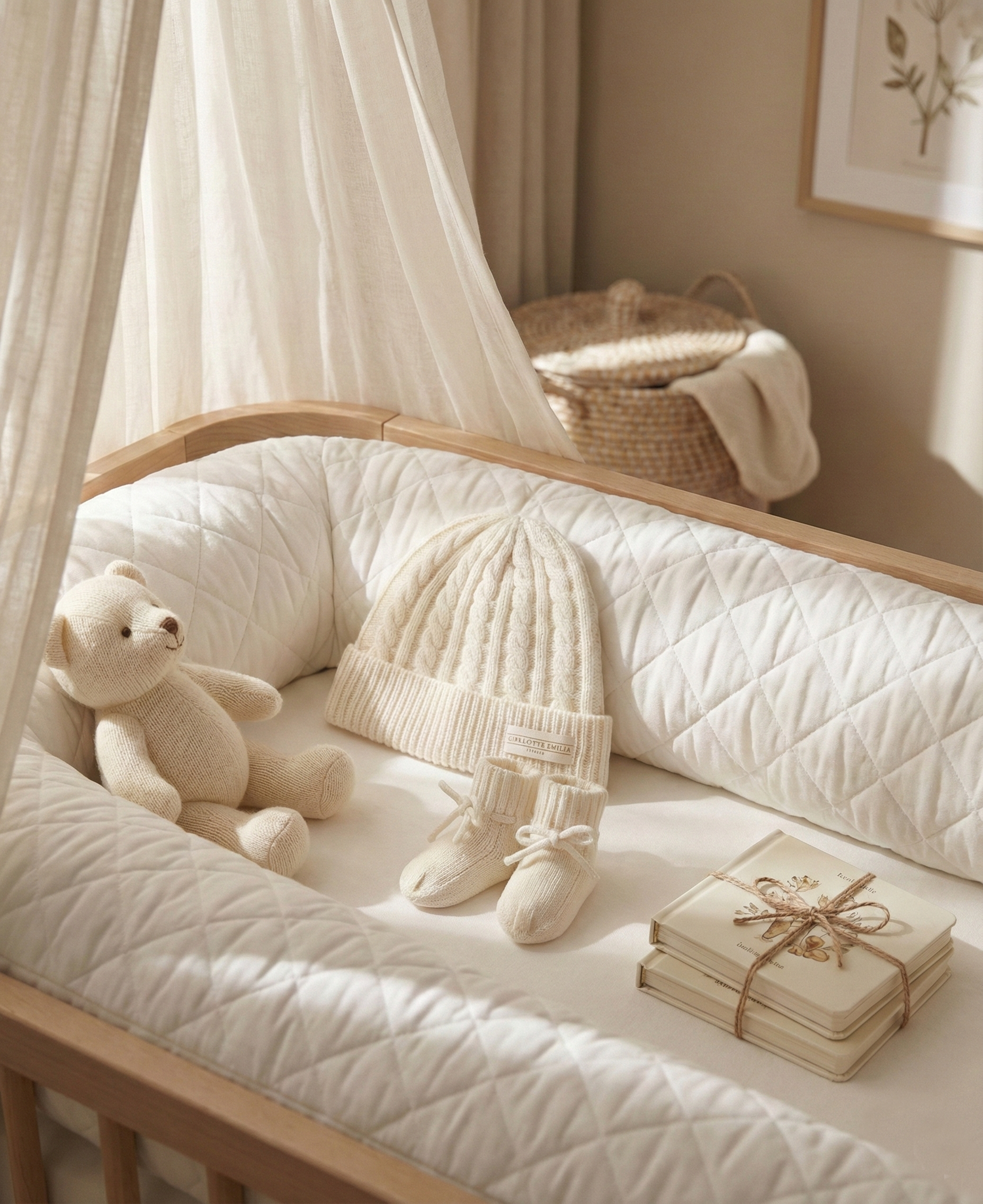baby cashmere hat and boots in a cot with teddy and books set in a nursery
