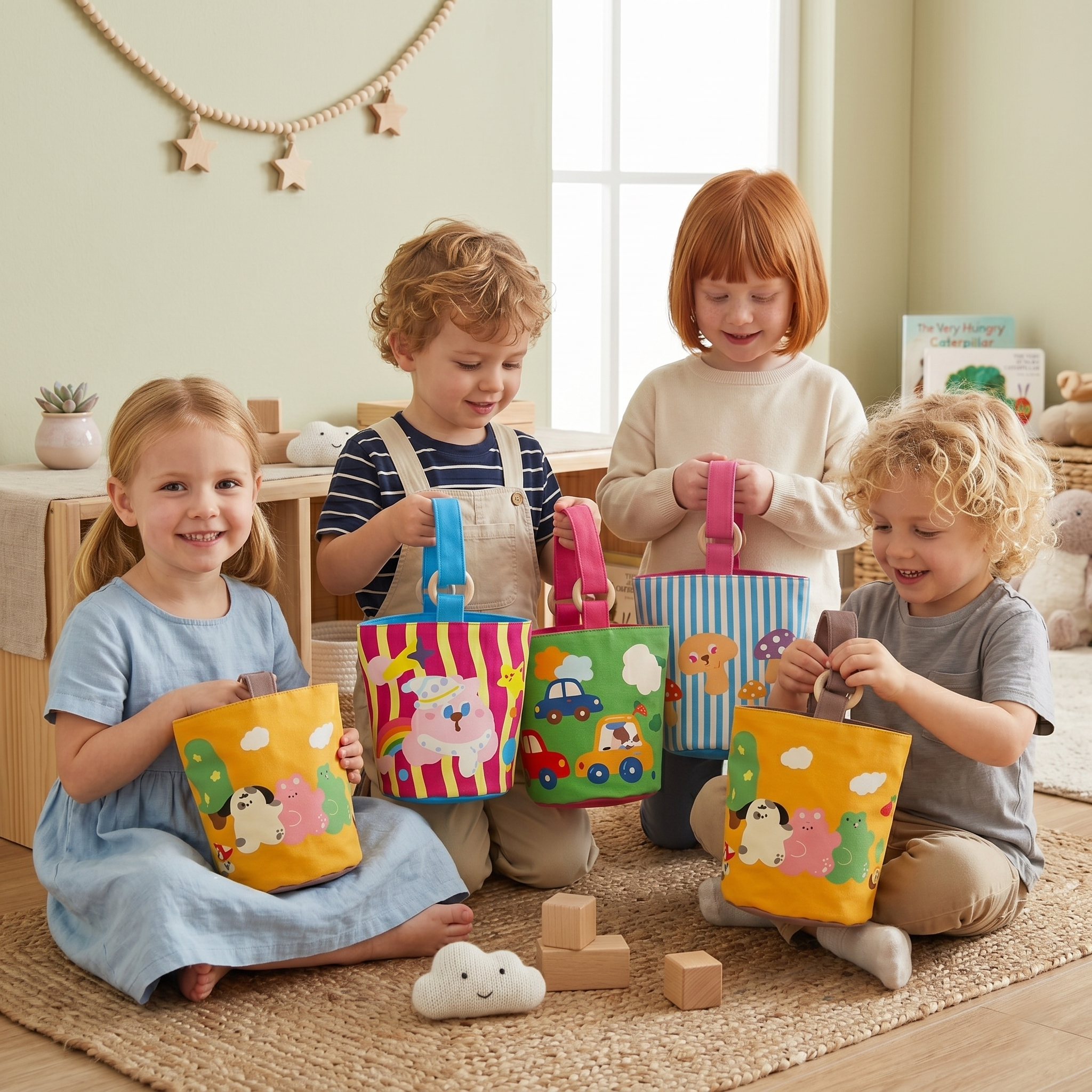 Four children playing with colorful bags in a room with wooden furniture and a window.