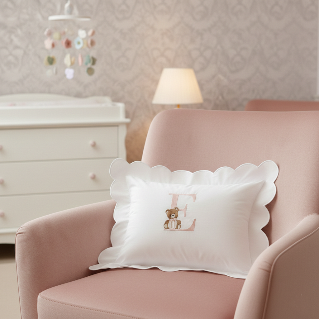 Personalised pink E monogram scalloped baby pillow with teddy bear
