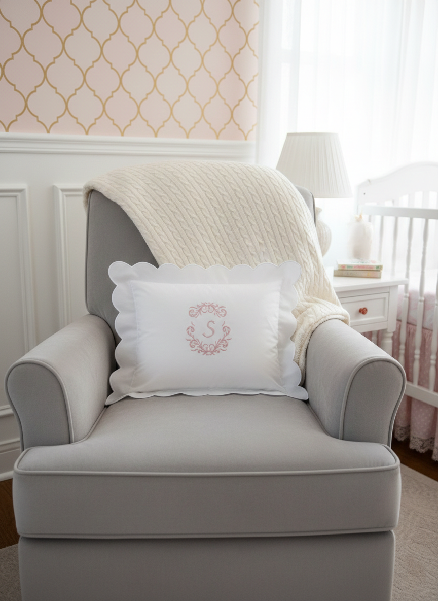 Personalised S monogram scalloped baby pillow with cream cable-knit blanket on a grey nursing chair