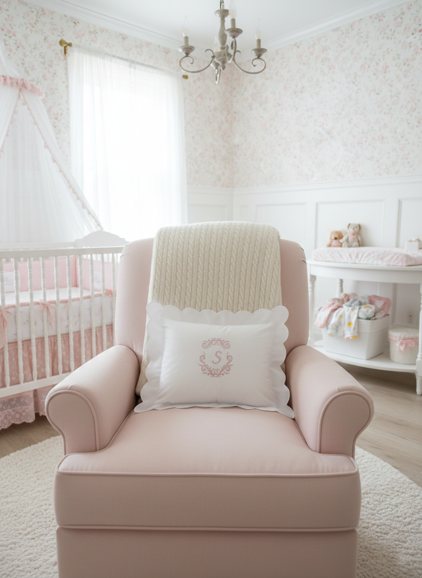 Personalised S monogram scalloped baby pillow with cream cable-knit blanket on a pink nursing chair