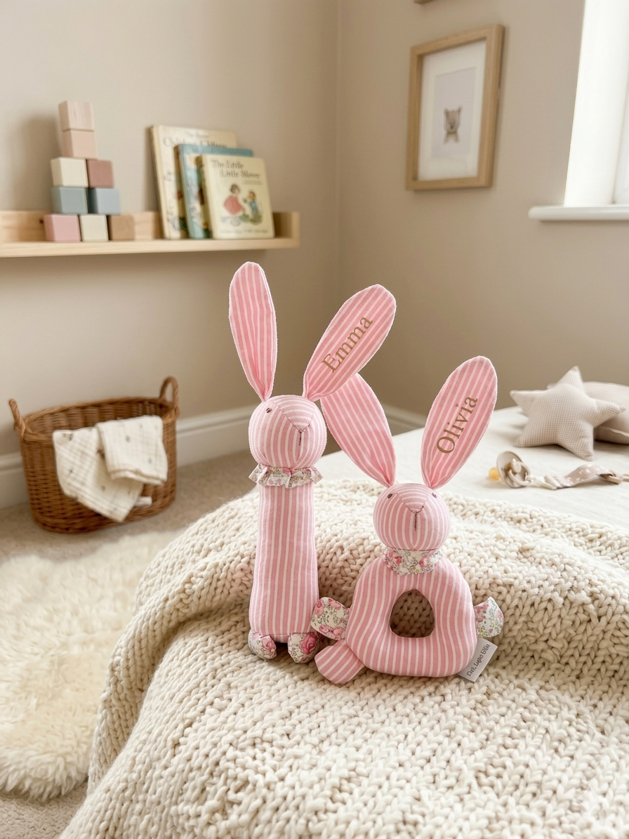 Pair of pink striped fabric bunny baby rattles on a sheepskin rug in a pastel nursery