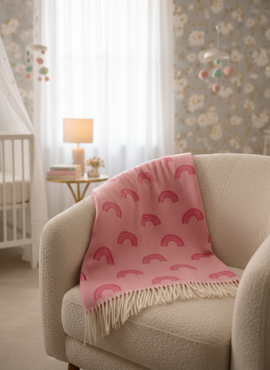 Pink blanket with rainbow pattern draped over a chair in a nursery.