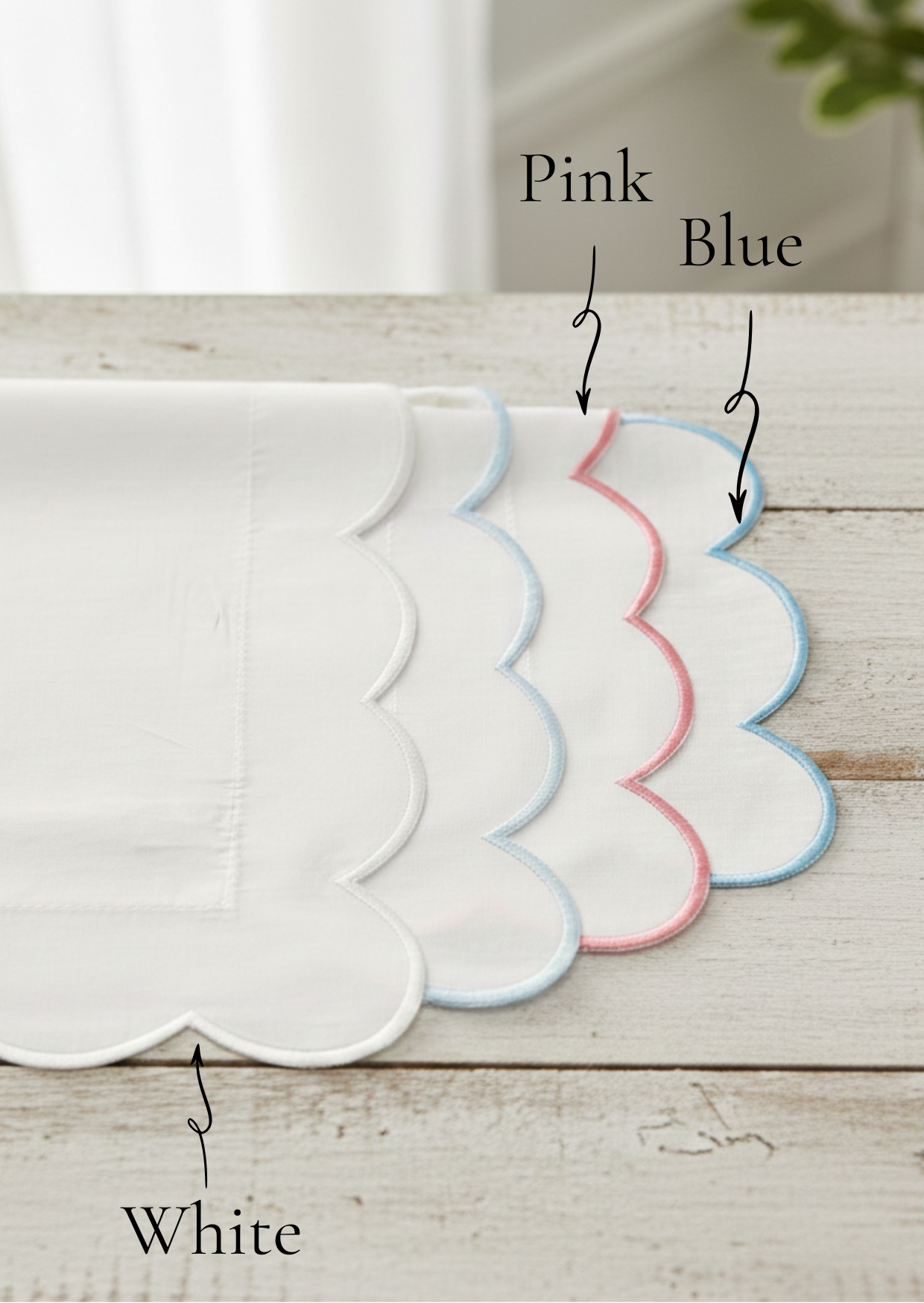 Charlotte Emilia London scalloped baby pillow colour options: white pink blue