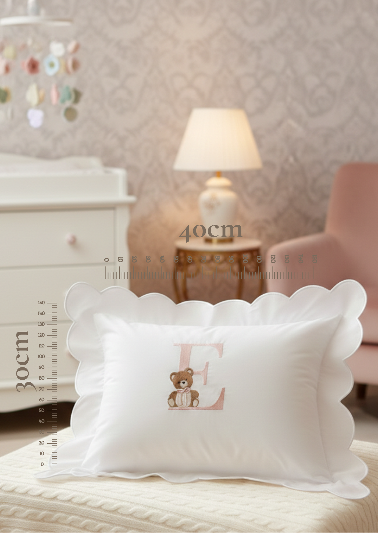 Charlotte Emilia London scalloped baby pillow size guide showing dimensions of 40cm width by 30cm height